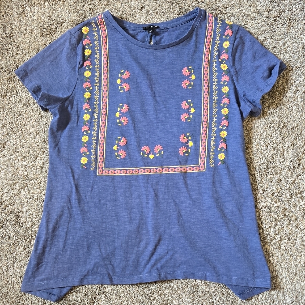 Hannah Blue Embellished Boxy Short Sleeve T-Shirt with Cut Out Back Large